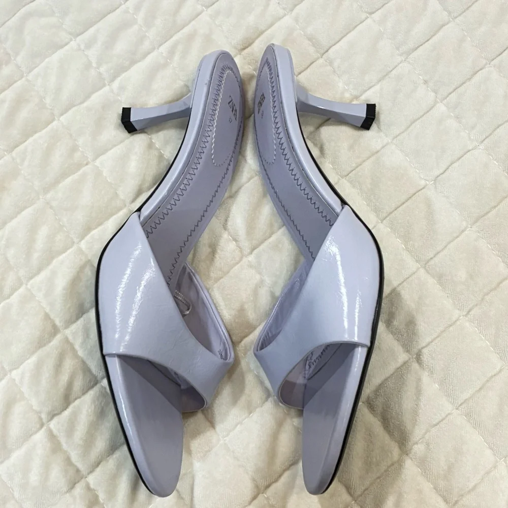 Zara Lilac Patent Kitten Heel Mules Lavender Light Purple Slide Sandal 37 - Picture 4 of 6